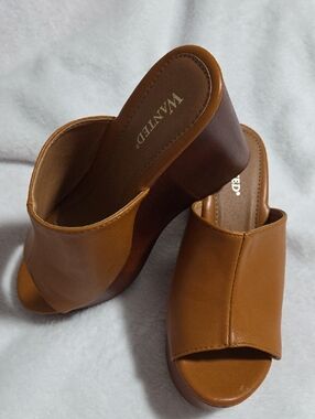 WANTED Tan Open-Toe Slide Wedge Mules